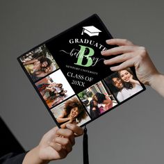 a person holding up a graduation card with photos on it and the words graduate b