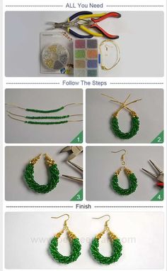 instructions to make beaded hoop earrings with beads and gold thread on the bottom, in green