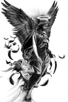 a black and white drawing of an angel