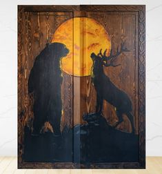 an image of two animals in front of a full moon with wood paneled doors