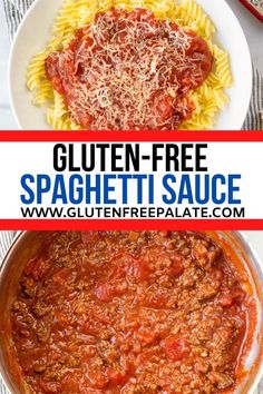 spaghetti sauce in a white bowl with text overlay that reads gluten - free spaghetti sauce