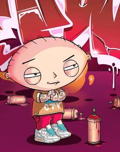 the cartoon character is standing in front of some spray paint and cans with graffiti on it