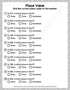 place value worksheet with numbers in the middle and one on each side, which is