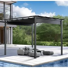 an outdoor living area next to a swimming pool