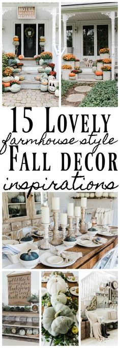 the front porch is decorated with white pumpkins and other fall decor items, including candles