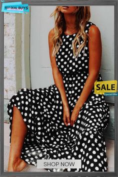 Polka Dot Round Neck Dress (5 Colors) Sukienki Maksi, Beach Sundress, Robes Vintage, Round Neck Casual Dress, A Line Maxi Dress, Gaun Fashion, Polka Dot Maxi Dresses, Dot Print Dress, Long Beach Dress