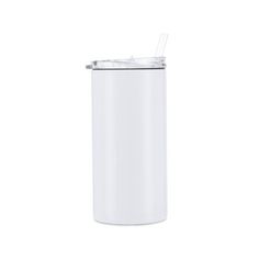 a white tumbler with a straw sticking out of the top and two handles on each side