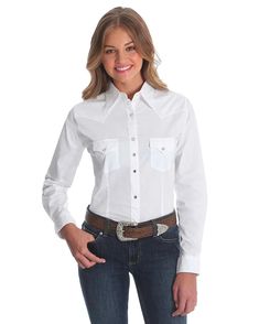 Women's Solid Western Shirt – Skip's Western Outfitters White Wrangler, White Button Up Shirt, Wrangler Shirt, Rodeo Shirts, Wrangler Shirts, White Button Up, Kids Outerwear, Women's Wardrobe, Solid Tops