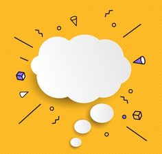 an empty thought bubble on a yellow background with geometric shapes and lines around the cloud