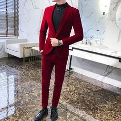 Mens Velvet Suit, Red Velvet Suit, Red Suits, Green Suit Men, Mens Party Wear, Costume Beige, Red Checkered Shirt, Suits Men Slim