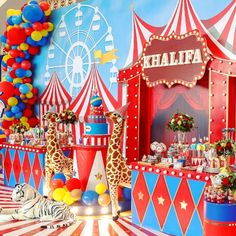 a circus themed birthday party with balloons and decorations