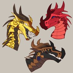 three different types of dragon heads are shown in this drawing, one is red and the other is yellow