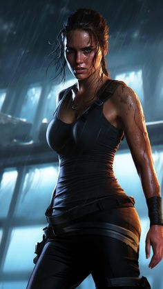 a woman standing in the rain with her arm around her waist and wearing black clothes