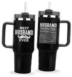 two black travel mugs with the words best husband ever