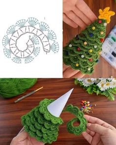 crochet christmas tree decoration is being made with yarn and thread, while another hand holds it