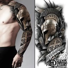 a man with tattoos on his arm and chest wearing a helmet tattoo design next to an image of a roman soldier