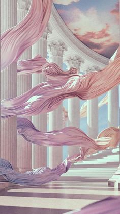 an artistic painting with flowing pink and purple fabric in front of the building's columns