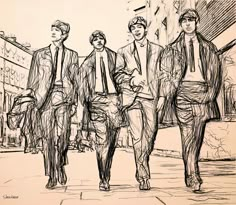 an ink drawing of three men walking down the street