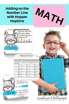 a young boy holding a blue book in front of his face with the text adding on the number line with hopkins