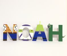 the word noah is made up of colorful letters and shapes that spell out what's inside