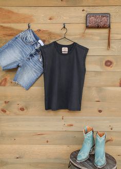 Brenn Top-Shirts-Crooked Horn Company, Online Women's Fashion Boutique in San Tan Valley, Arizona 85140 Night Tops, Black Shadow, Top Graphic Tees, Graphic Tee Shirts, Ribbed Fabric, Lay Flat, Dress Skirt, Denim Jeans, Sleeveless Top