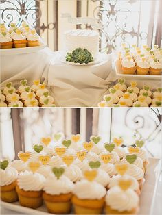 two pictures of cupcakes and cake on a table