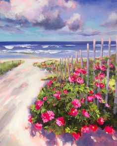 a painting of flowers by the beach with clouds in the background and a path leading to the ocean