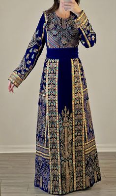 Blue Gold Embroidery Silk Velvet Stone Thobe – Tatreez1 South Asian Embroidery, Luxury Festive Embroidered Fabric With Motifs, Asian Embroidery, Ethnic Dresses, Embroidered Belt, Gold Velvet, Ethnic Dress, Gold Embroidery, Silk Velvet