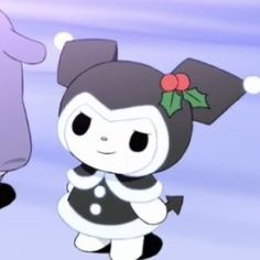 two cartoon characters standing next to each other on a snow covered ground and one is wearing a black and white dress