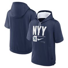 The Men's Nike Navy New York Yankees Tri Code Lockup Short Sleeve Pullover Hoodie is the perfect way to show your support for the New York Yankees. Made from soft and comfortable polyester, this hoodie features a mesh-lined hood, two front pockets, and a rounded hem with side splits. The screen-printed graphics proudly display the New York Yankees logo, making this hoodie a must-have for any fan. Machine wash, tumble dry low Two front pockets Officially licensed Screen print graphics Material: 1 Hooded Sportswear Tops For Fan Gear, Nike Hoodie With Letter Print For Sports Season, Nike Hoodie With Team Logo, Nike Hooded Fan Apparel Sweatshirt, Nike Hoodie With Letter Print, Nike Hooded Sweatshirt Fan Apparel, Fan Apparel Hooded Top With Logo Print, Hooded Fan Apparel Top With Logo Print, Moisture-wicking Hoodie For Fan Gear