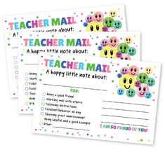 two printable teacher mail cards with emo emoticions on the front and back