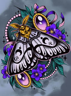 a drawing of a moth with flowers on it