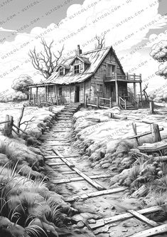 a black and white drawing of a house in the woods