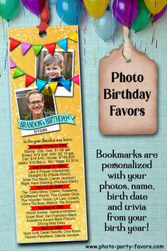 a birthday card with balloons and confetti on the background, says photo birthday favors