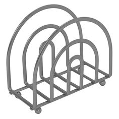 three metal racks with wheels on each side