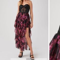 two different dresses, one in black and the other in pink with flowers on it