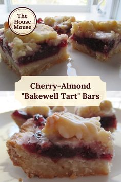 Squares of Cherry-Almond "Bakewell Tart" Bars on a white plate. Cherry Jam Dessert, Dessert With Almond Paste, Almond Cherry Bars, Recipes Using Almond Paste Desserts, Almond Paste Bars, Cherry Jam Cookies, Cherry Almond Tart, Almond Paste Recipes Desserts, Almond Bars With Almond Paste