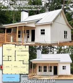 this is an image of a small house with floor plans and pictures on the side