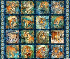 a quilt with many different pictures of tigers