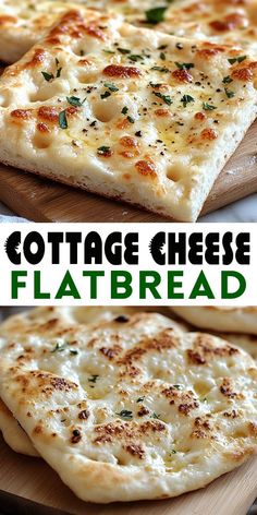 two pictures of cottage cheese flatbreads on a cutting board with text overlay