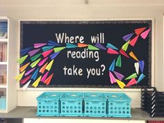 a bulletin board that says where will reading take you? with baskets on the shelf