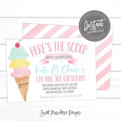 an ice cream cone birthday party card with the text here's the scoop we're celebrating