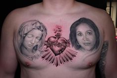 a man with tattoos on his chest and two women holding a heart in the middle