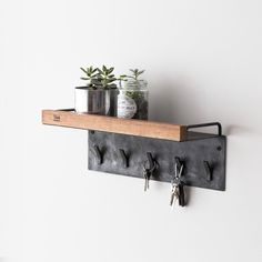 two potted plants are sitting on a shelf with key hooks attached to the wall