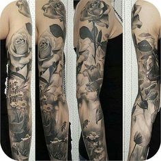 the arm is full of tattoos and flowers on it's arms, while another half sleeve