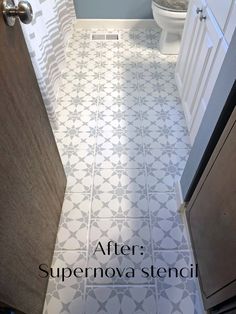 a bathroom with white and gray tile flooring next to a toilet in the corner