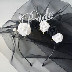 black and white bridal hair piece with flowers