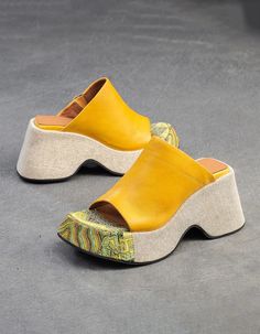 Ethnic Style Handmade Elegant Wedge Slippers — Obiono Leather Wedge Sandals With Thick Bottom For Beach, Spring Wedge Sandals With Thick Bottom, Leather Open Toe Wedge Sandals With Thick Bottom, Platform Slippers For Spring, Leather Wedge Sandals With Thick Bottom For Summer, Casual Wedge Heel Platform Slippers, Casual Wedge Heel Platform Slippers With Heel Loop, Comfortable Toe Post Platform Slippers For Spring, Yellow Slip-on Slippers For Summer