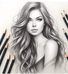 a pencil drawing of a beautiful woman with long wavy hair and blue eyes, surrounded by many other colored pencils