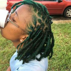 Black And Blonde Skunk Stripe Locs, Emerald Green Locs Black Women, Dark Green Locs Black Women, Green And Blonde Locs, Locs With Dyed Tips, Green And Black Locs, Dark Green Locs, Green Locs Black Women, Green Locs